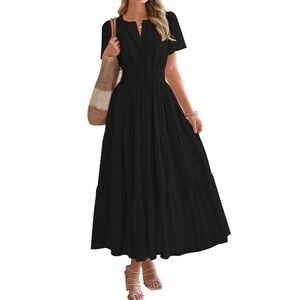 NWT BTFBM V Neck Short Sleeve Elastic Waist Boho Maxi Dress Black XXL
